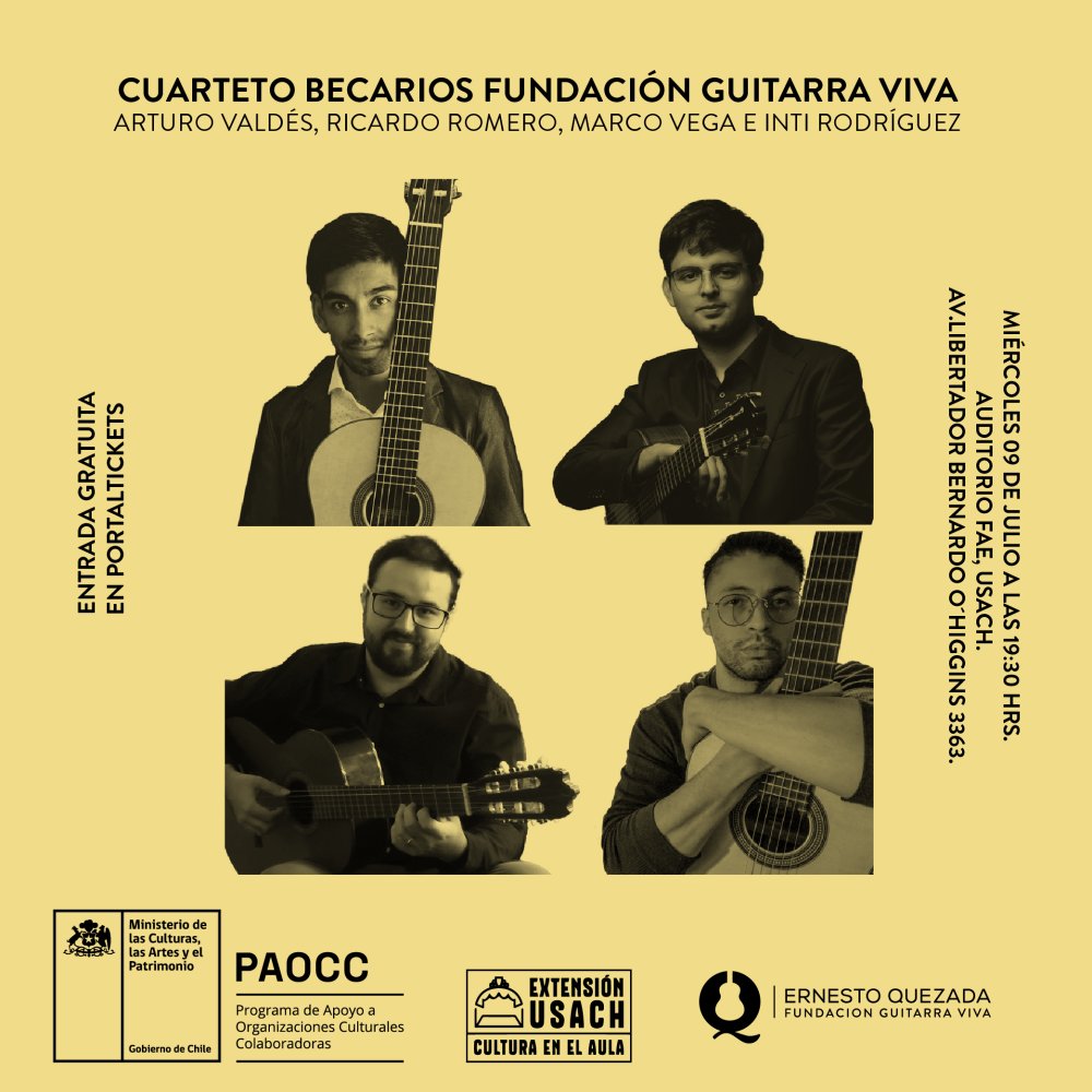 Flyer Evento FUNDACIÓN GUITARRA VIVA PRESENTA: ENSAMBLE DE GUITARRAS EN AUDITORIO FAE USACH