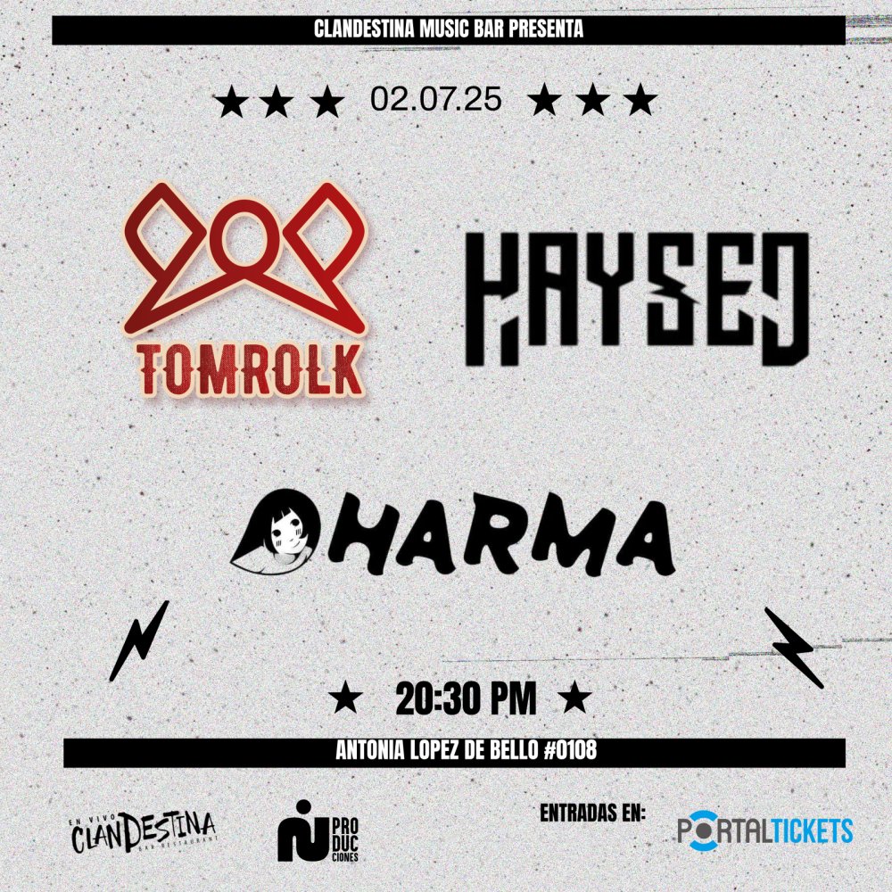 Flyer TOMROLK + HAYSED + DHARMA EN COCINA CLANDESTINA