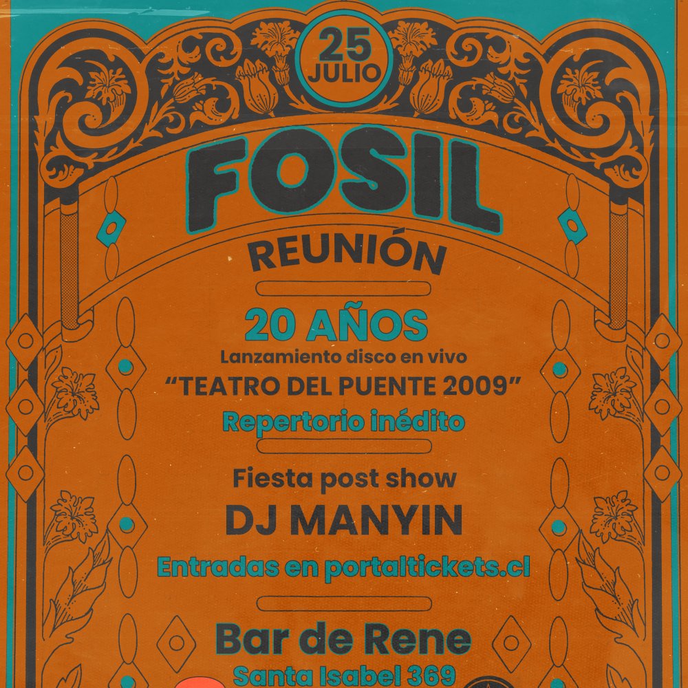 Flyer FÓSIL 20 AÑOS EN BAR DE RENÉ: LANZAMIENTO DISCO TEATRO DEL PUENTE 2009