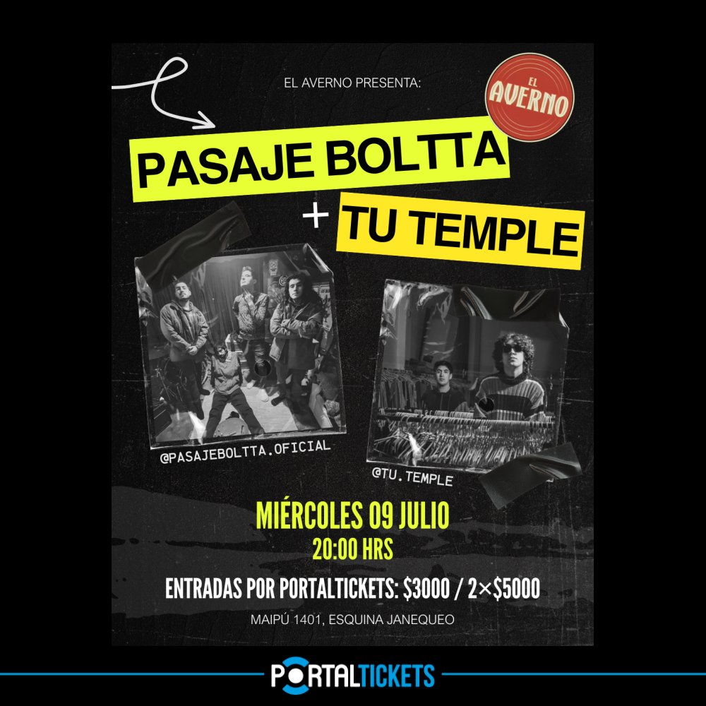 Flyer Evento PASAJE BOLTTA + TU TEMPLE EN EL AVERNO, CONCEPCIÓN