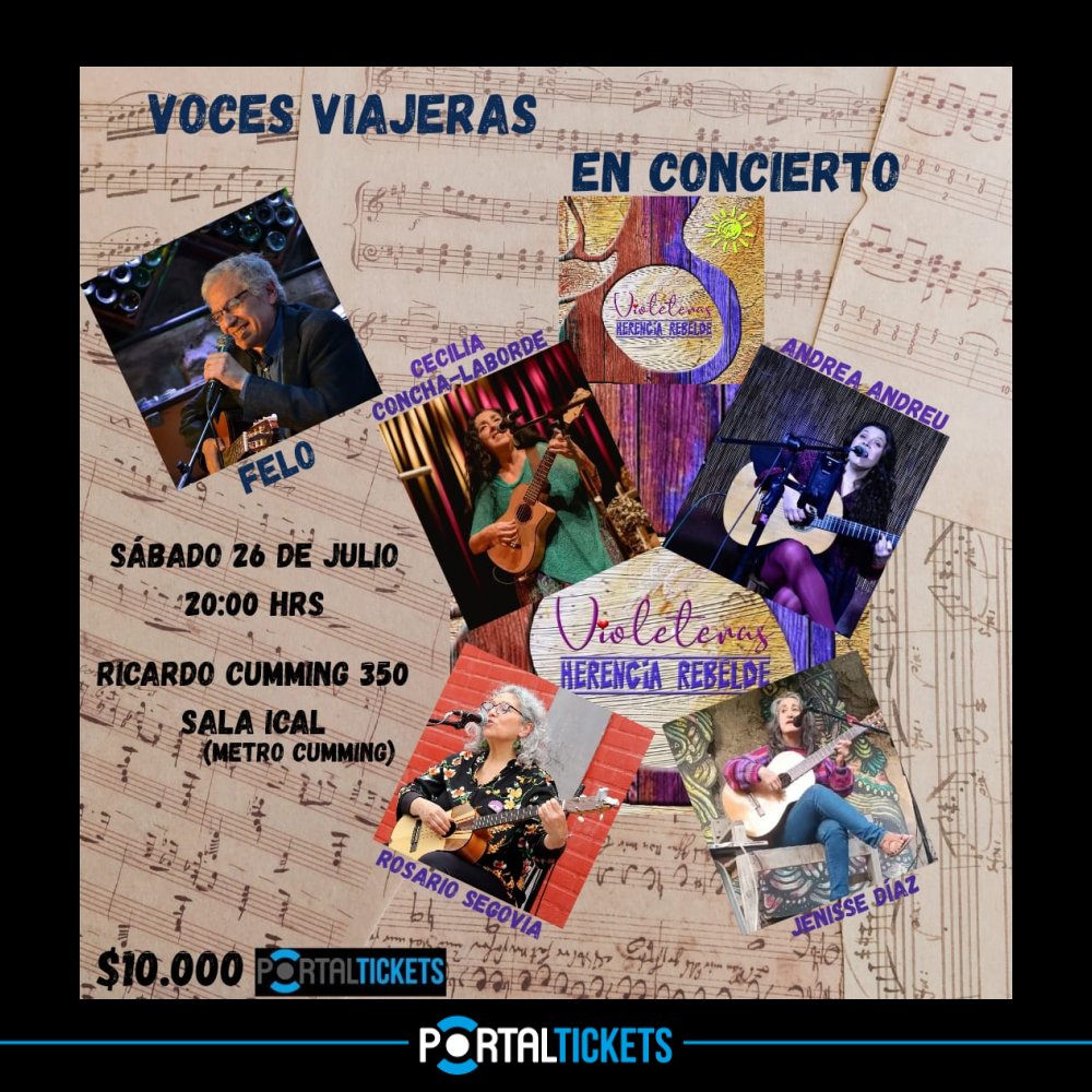 Flyer VOCES VIAJERAS: FELO, ROSARIO SEGOVIA, ANDREA ANDREU, CECILIA CONCHA LABORDE Y JENISSE DÍAZ EN ICAL