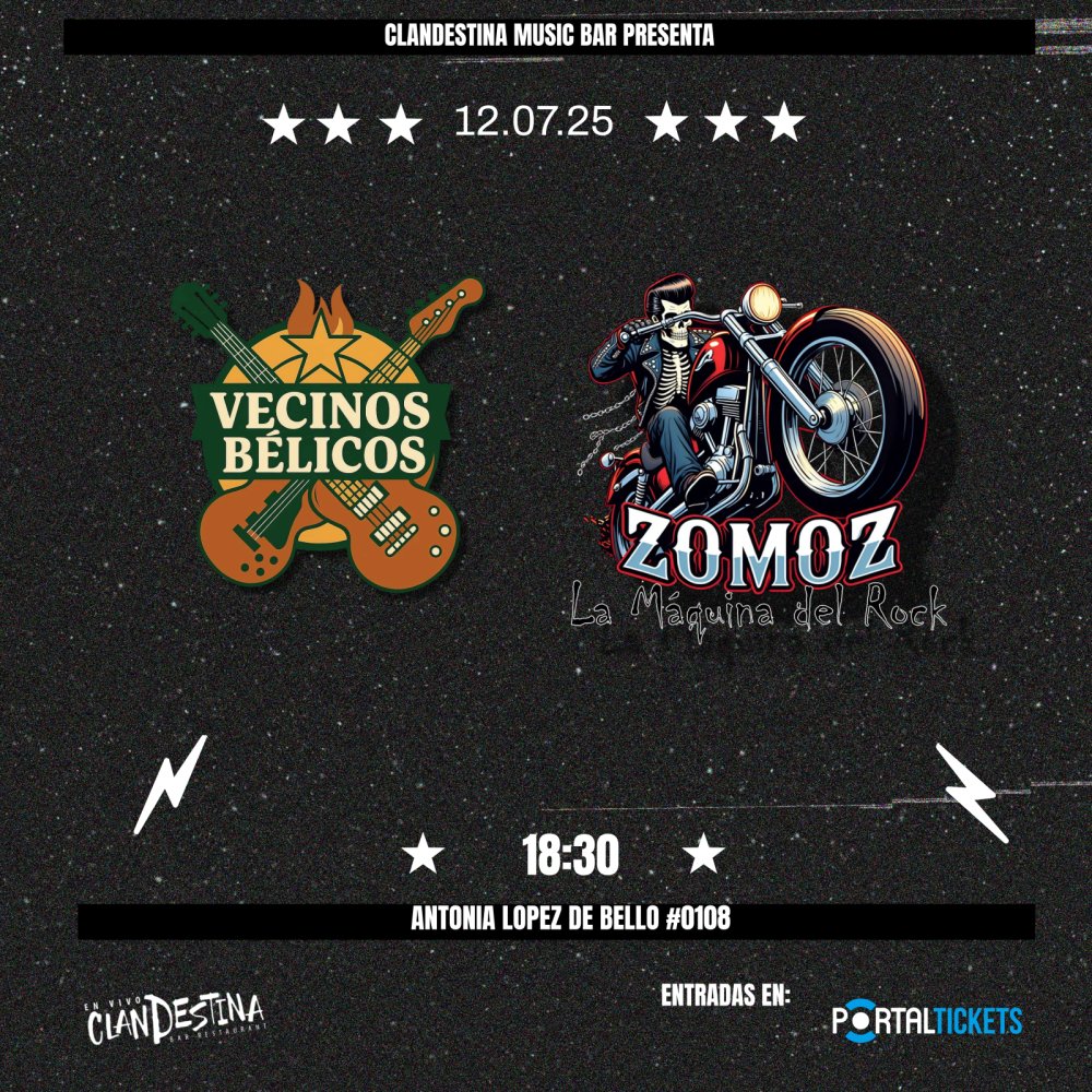 Flyer VECINOS BELICOS + ZOMOS LA MAQUINA DEL ROCK EN COCINA CLANDESTINA ⚡