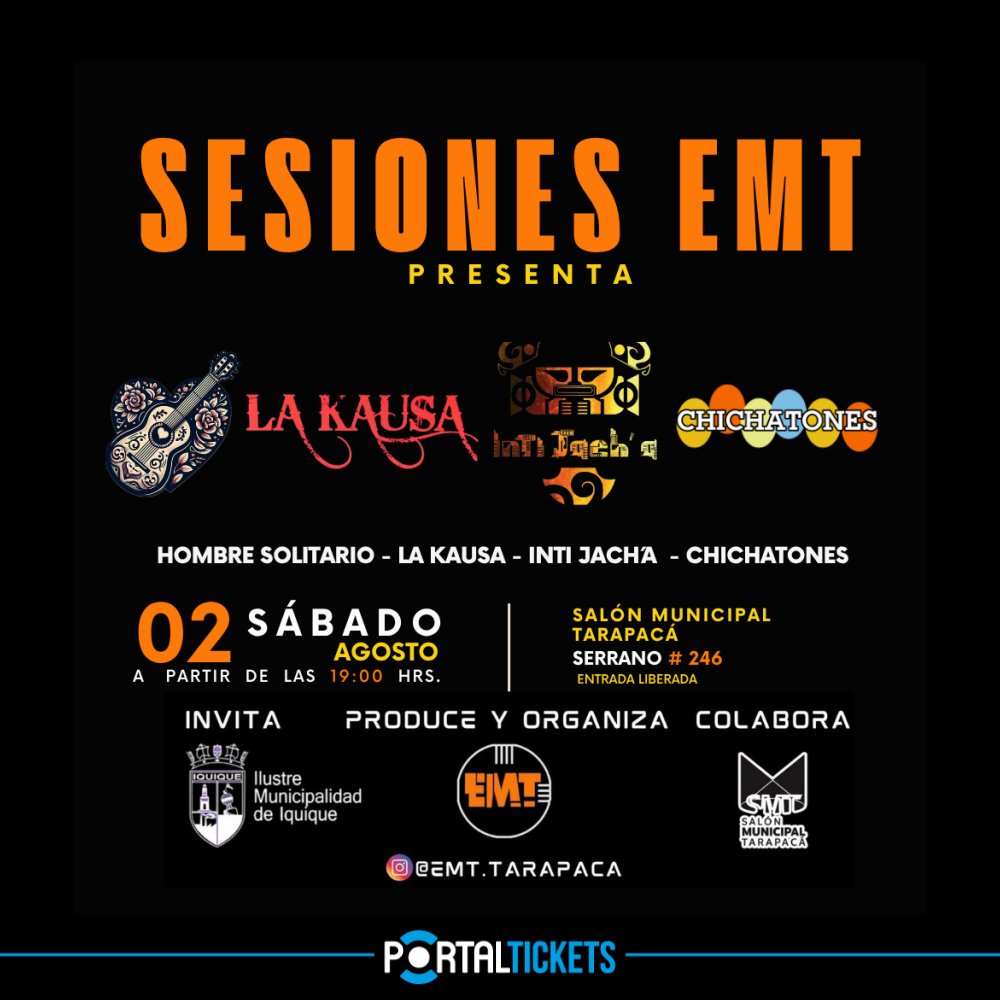 Flyer Evento VELADAS EMT EN VIVO EN SALÓN MUNICIPAL TARAPACÁ, IQUIQUE