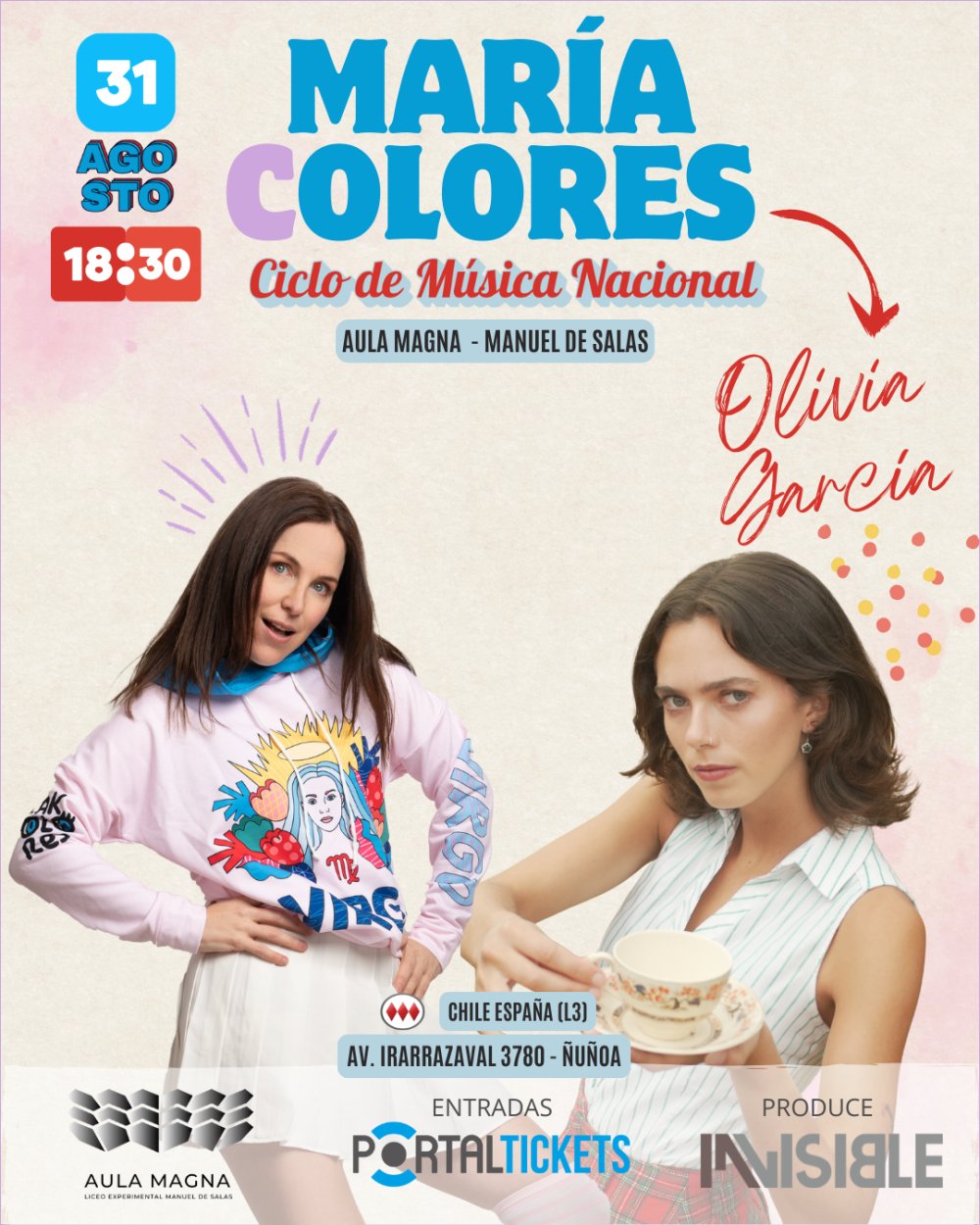 Flyer MARÍA COLORES + OLIVIA GARCÍA: CICLO DE MÚSICA NACIONAL EN LICEO MANUEL DE SALAS