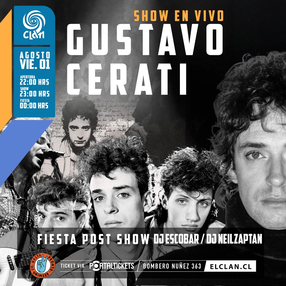Flyer Evento CLAN PRESENTA: ME QUEDO AQUÍ – HOMENAJE A CERATI + FIESTA POST SHOW DJ ESCOBAR Y DJ NEIL ZAPTAN