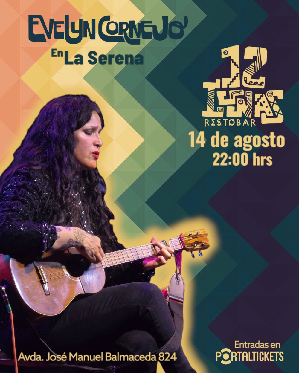 Flyer EVELYN CORNEJO EN LA SERENA - 12 LUNAS RESTOBAR