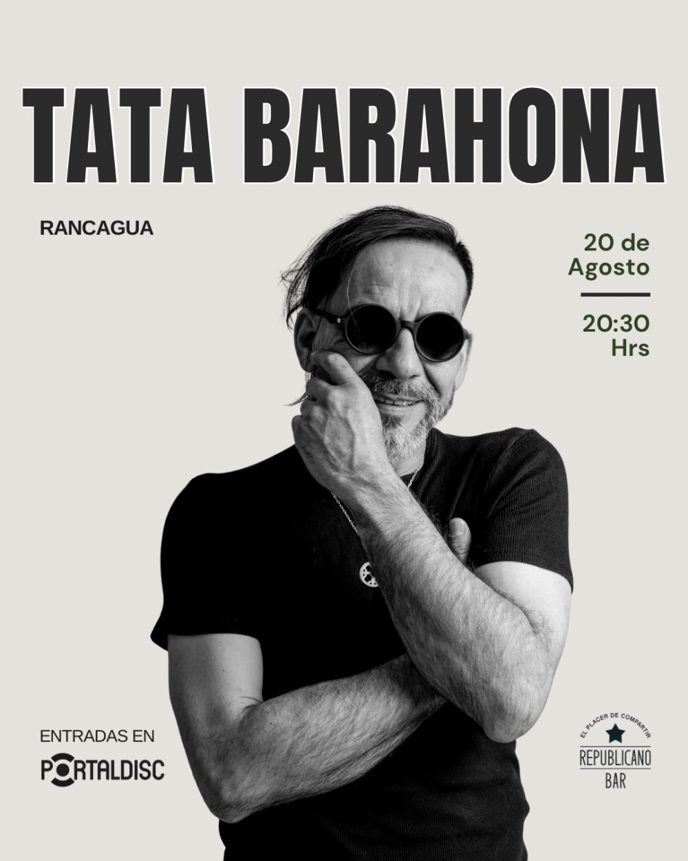 Flyer TATA BARAHONA SOLISTA EN BAR REPUBLICANO, RANCAGUA