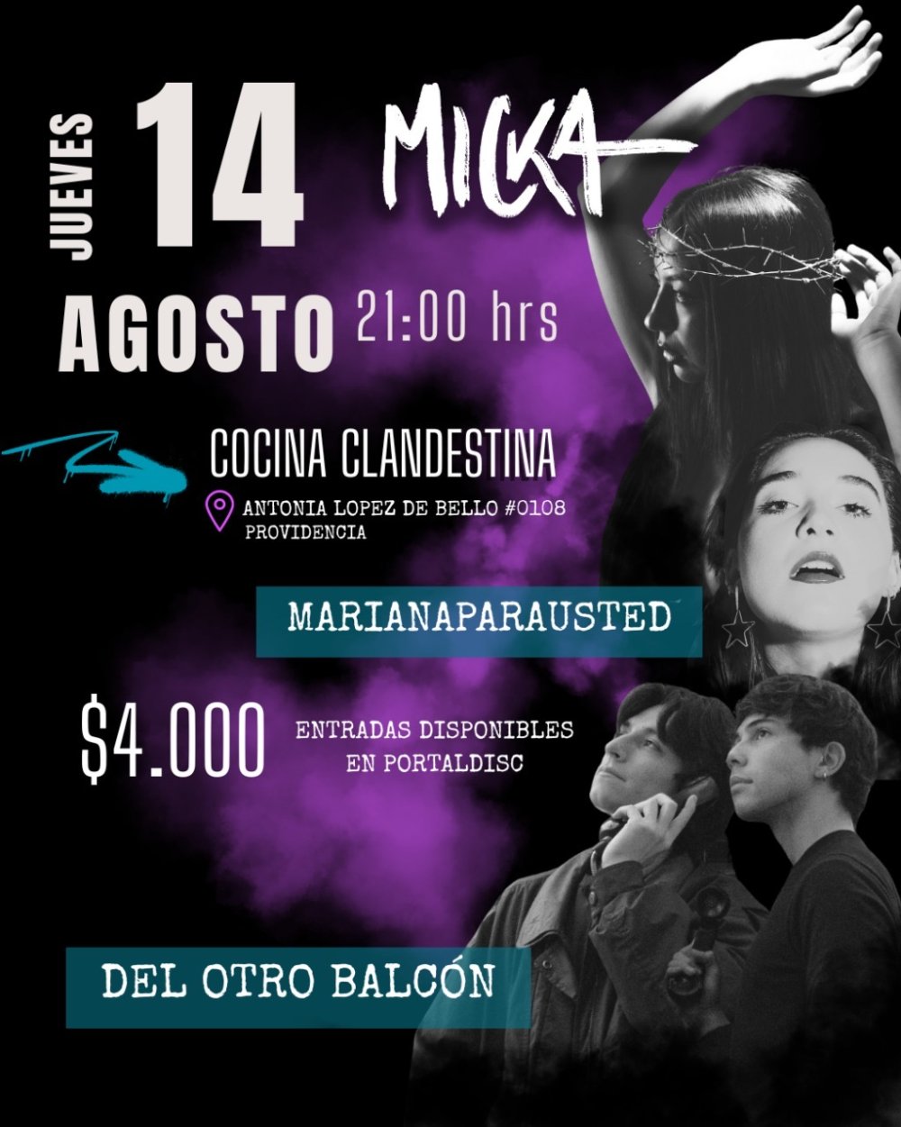 Flyer MICKA + MARIANAPARAUSTED + DEL OTRO BALCON EN COCINA CLANDESTINA