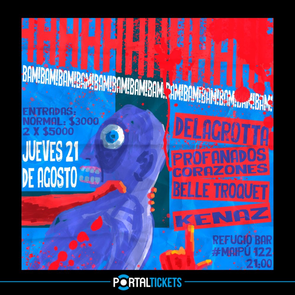 Flyer DE LA GROTTA + PROFANADOS CORAZONES + KENAZ + BELLE TROQUET EN REFUGIO BAR, CONCEPCIÓN
