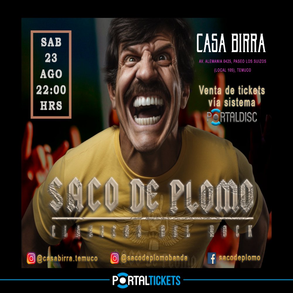 Flyer SACO DE PLOMO: LOS NO TAN CLÁSICOS DEL ROCK EN CASA BIRRA, TEMUCO