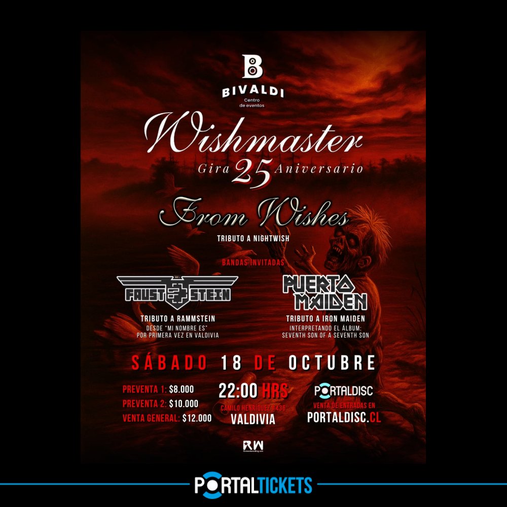 Flyer TRIBUTO A NIGHTWISH WISHMASTER 25 ANIVERSARIO EN BIVALDI, VALDIVIA