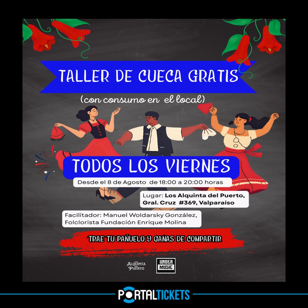 Flyer Evento TALLER DE CUECA EN LOS ALQUINTA DEL PUERTO, VALPARAÍSO