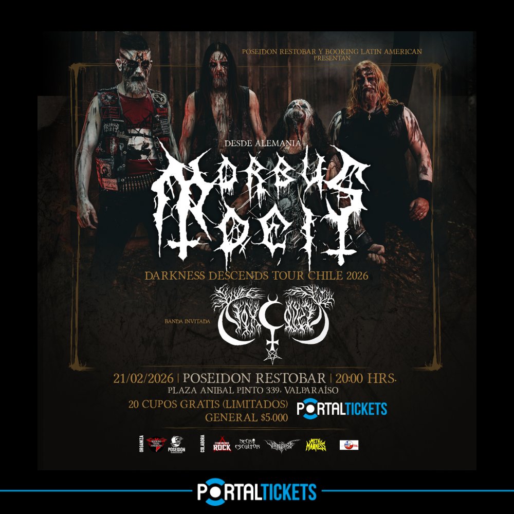 Flyer POSEIDON PRESENTA MORBUS DEI + NOX COVEN, VALPARAÍSO
