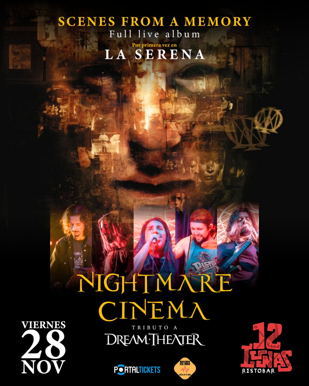 Flyer NIGHTMARE CINEMA - TRIBUTO A DREAM THEATER - SCENES FROM A MEMORY - 12 LUNAS RESTOBAR - LA SERENA