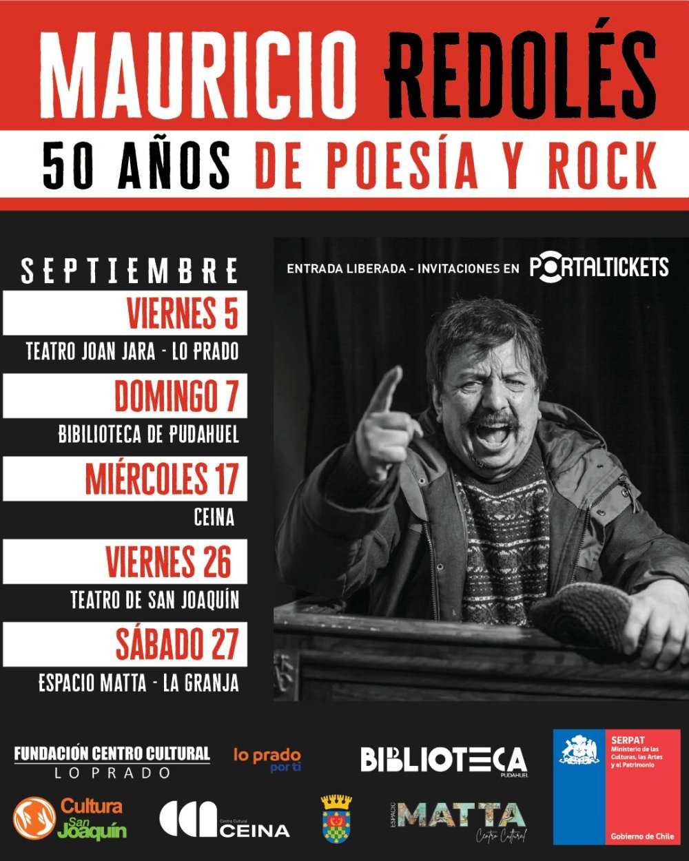 Flyer MAURICIO REDOLÉS EN SAN JOAQUÍN: 50 AÑOS DE POESÍA Y ROCK - TEATRO MUNICIPAL