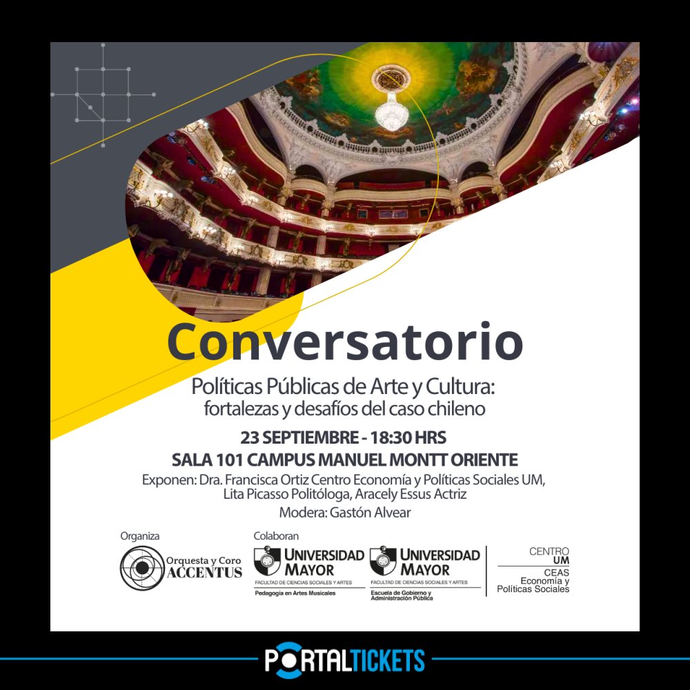 Flyer Evento CONVERSATORIO: POLÍTICAS PÚBLICAS DE ARTE Y CULTURA EN UNIVERSIDAD MAYOR