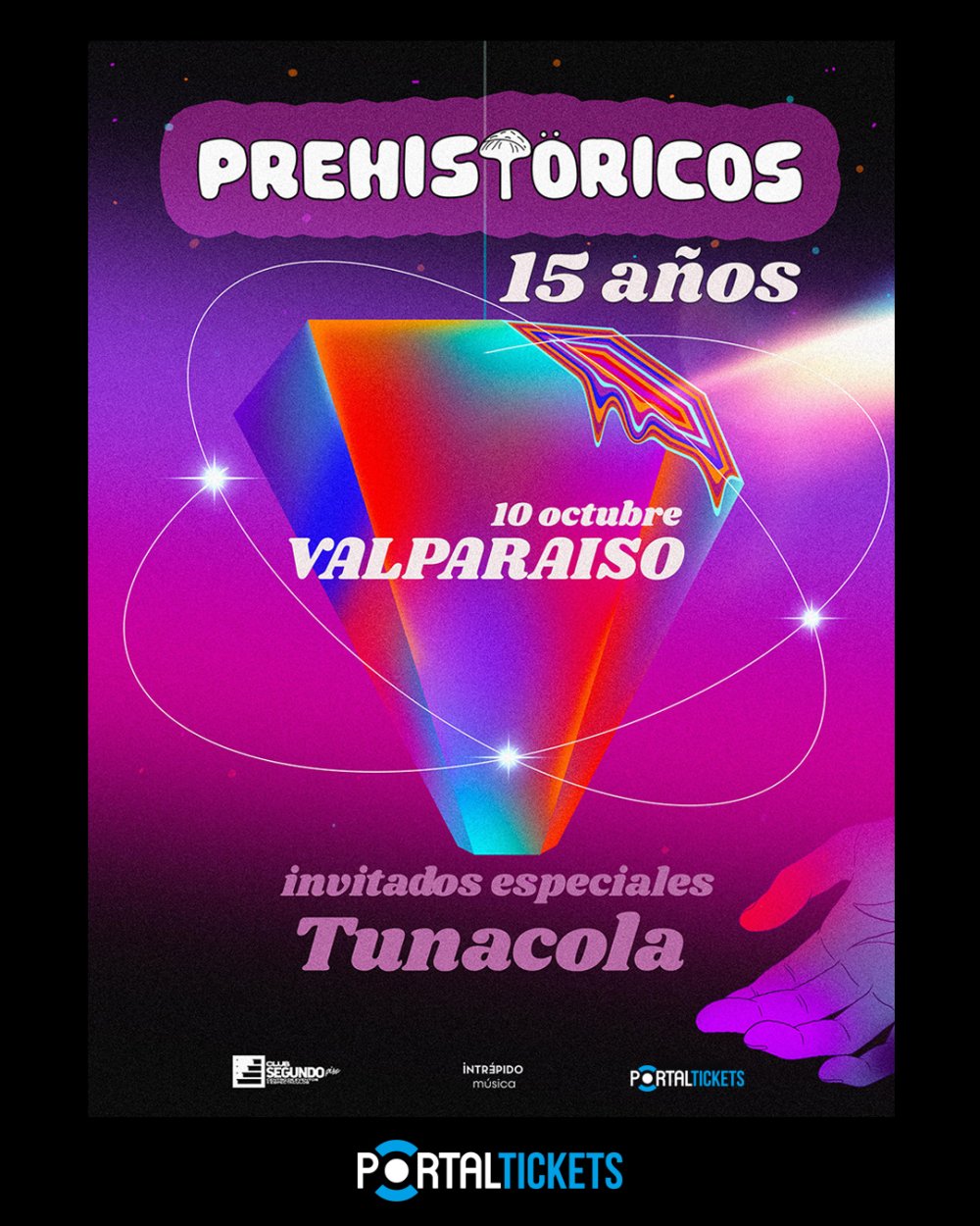 Flyer PREHISTORICOS CELEBRA 15 AÑOS DE CARRERA + TUNACOLA EN VALPARAÍSO