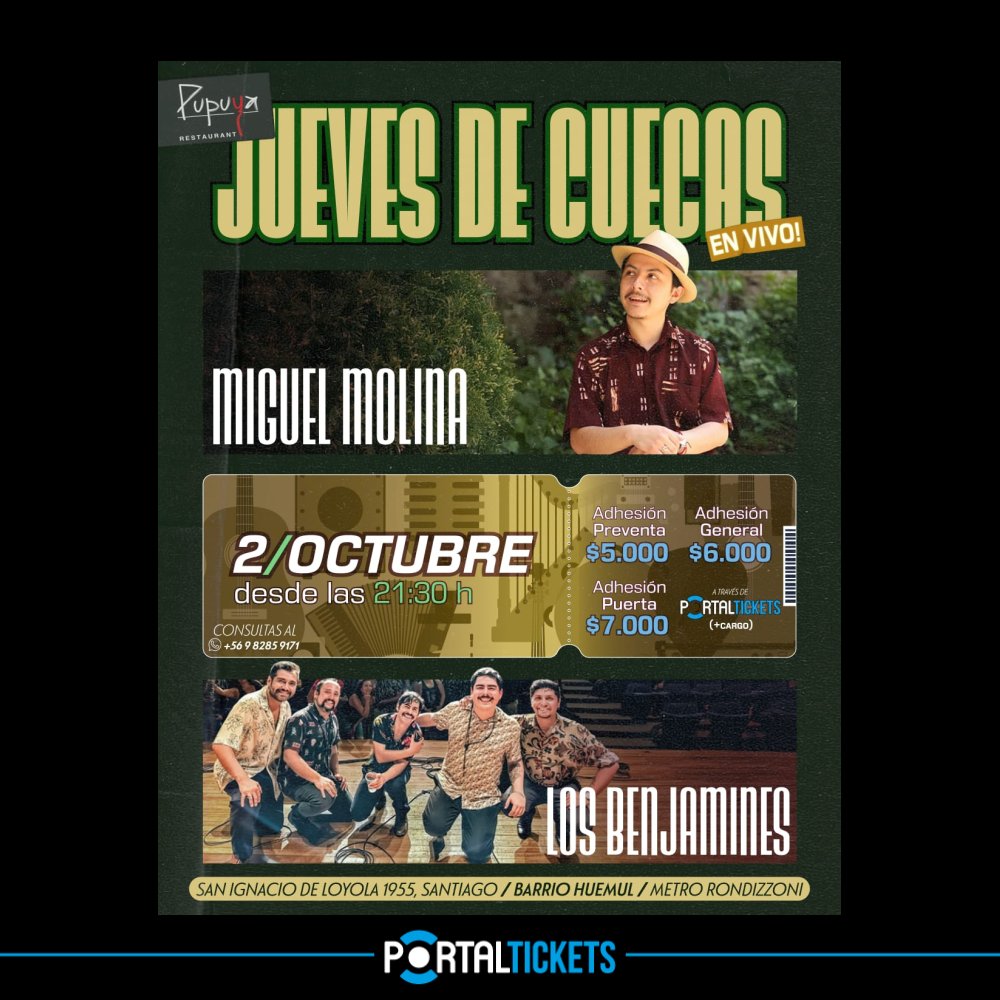 Flyer Evento MIGUEL MOLINA + LOS BENJAMINES EN PUPUYA RESTAURANT