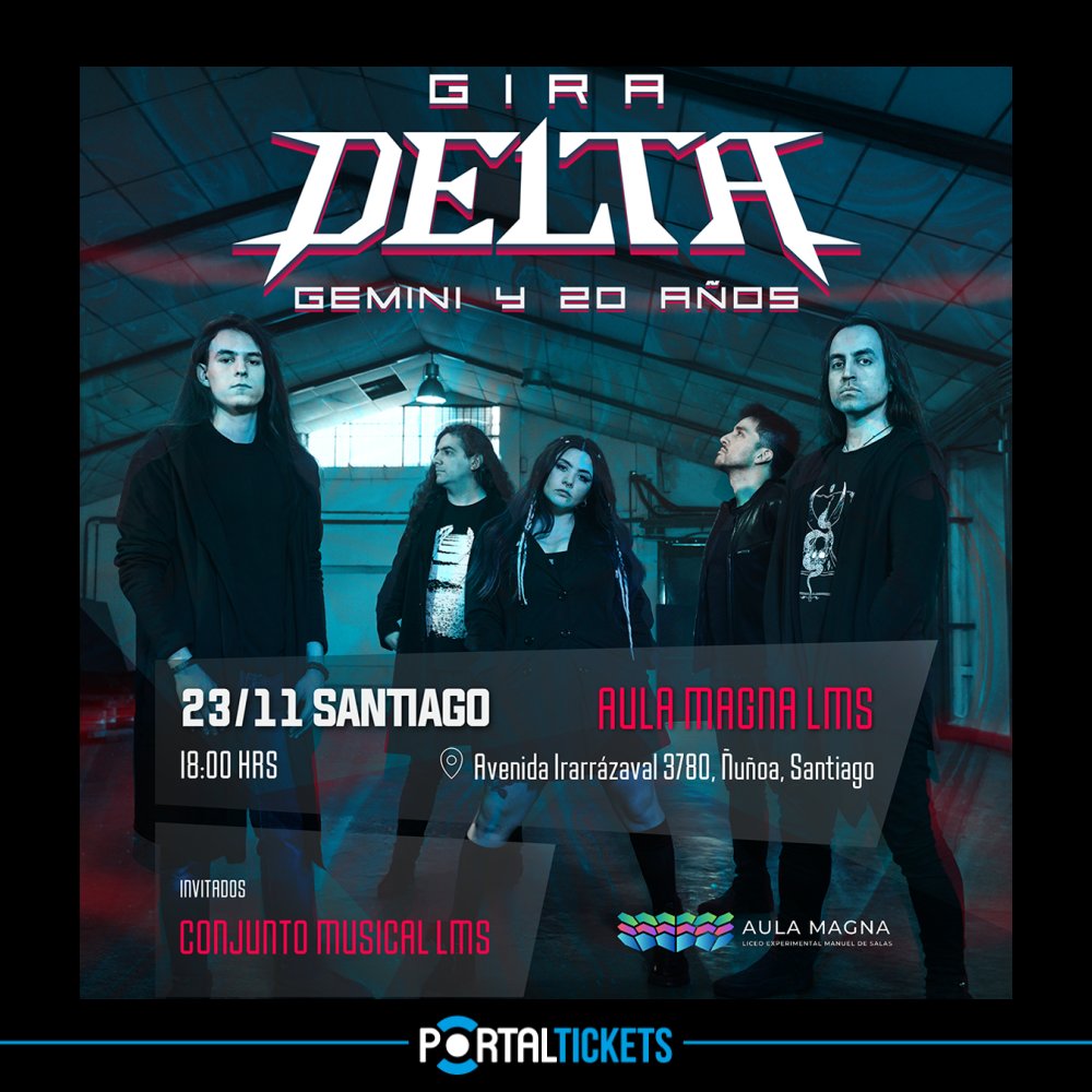 Flyer DELTA - GIRA GEMINI Y LOS 20 AÑOS EN AULA MAGNA LMS, SANTIAGO