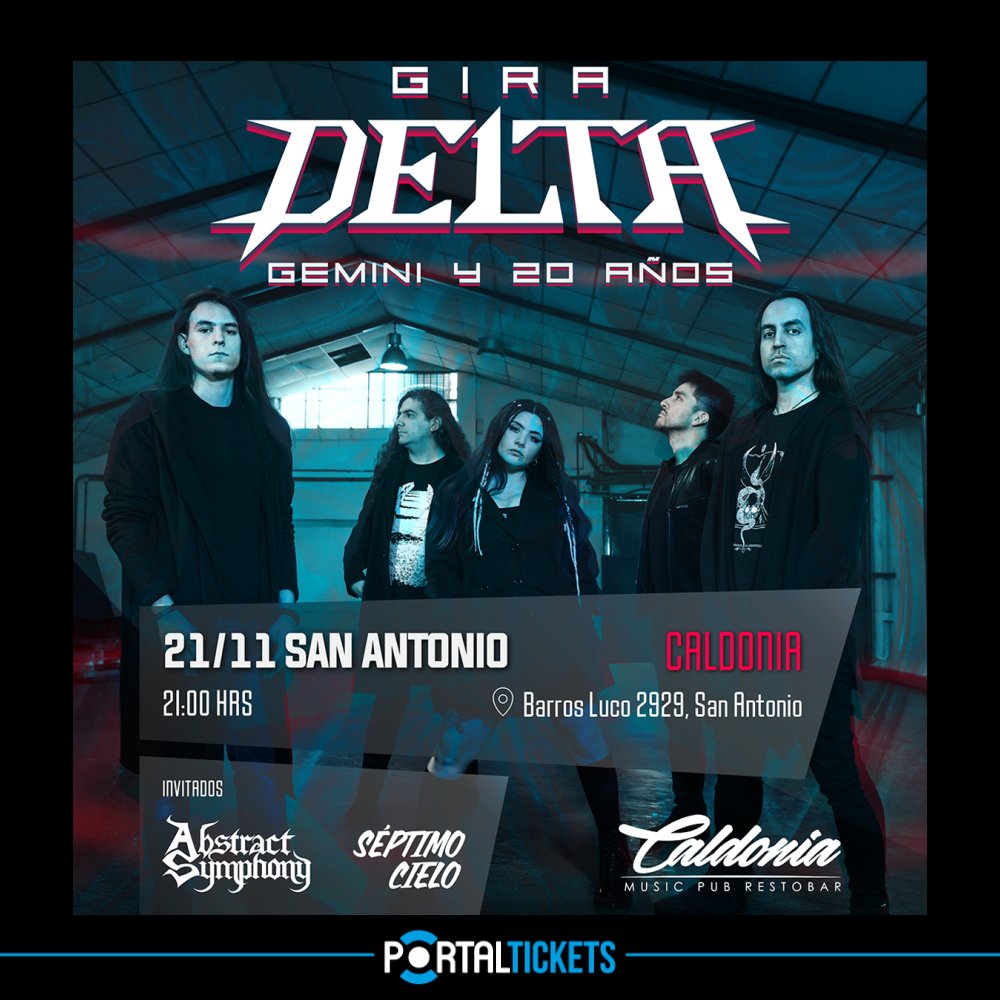 Flyer DELTA - GIRA GEMINI Y LOS 20 AÑOS EN CALDONIA, SAN ANTONIO