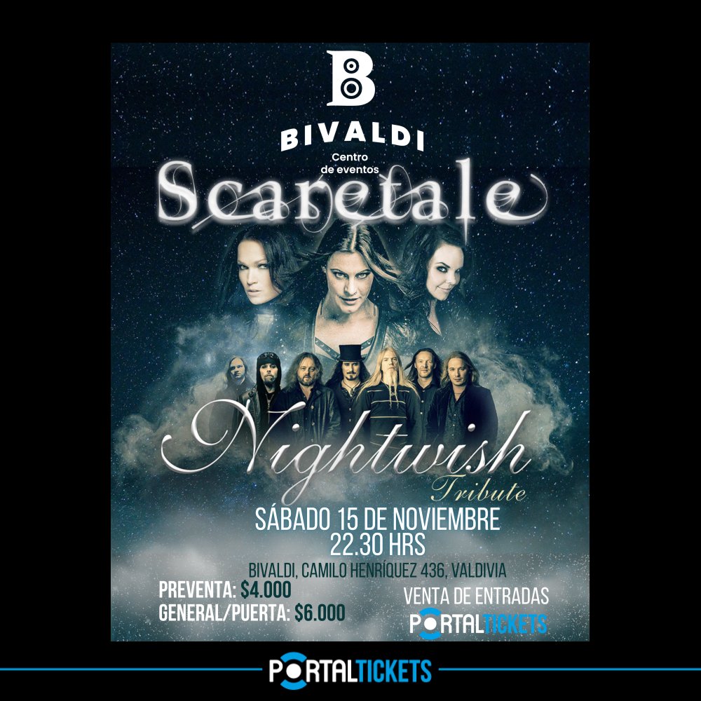 Flyer Evento SCARETALE: TRIBUTO A NIGHTWISH EN BIVALDI, VALDIVIA