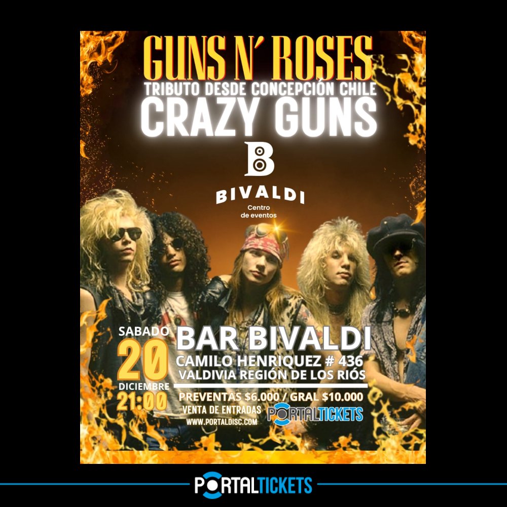 Flyer TRIBUTO A GUNS N’ ROSES: CRAZY GUNS EN BIVALDI, VALDIVIA