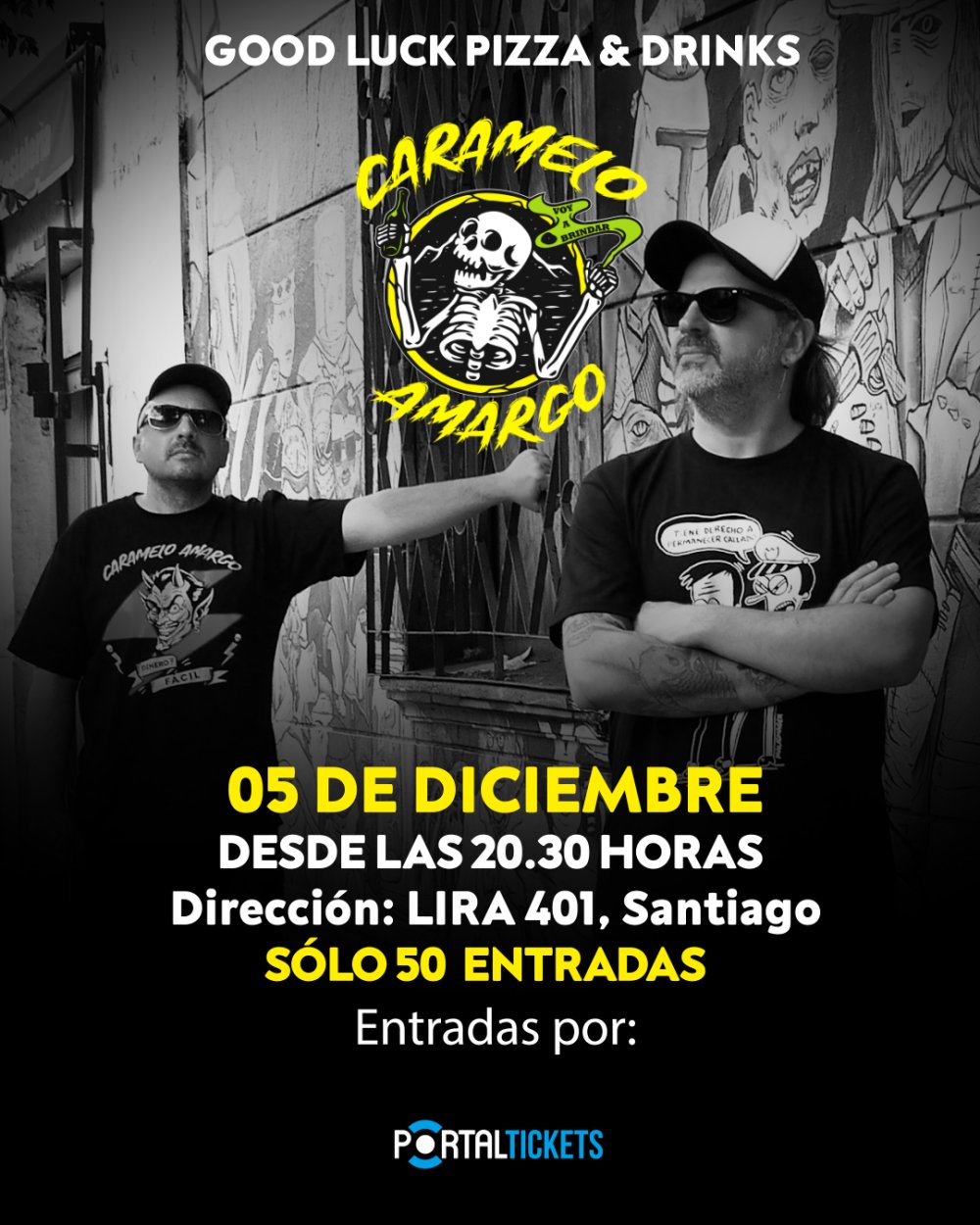 Flyer Evento CARAMELO AMARGO EN VIVO EN GOODLUCK PIZZA & DRINKS