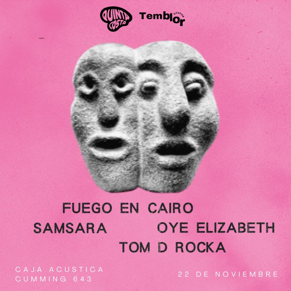 Flyer FUEGO EN CAIRO LANZA SU NUEVO LP + OYE ELIZABETH + SAMSARA + TOM D. ROCKA EN CAJACÚSTICA