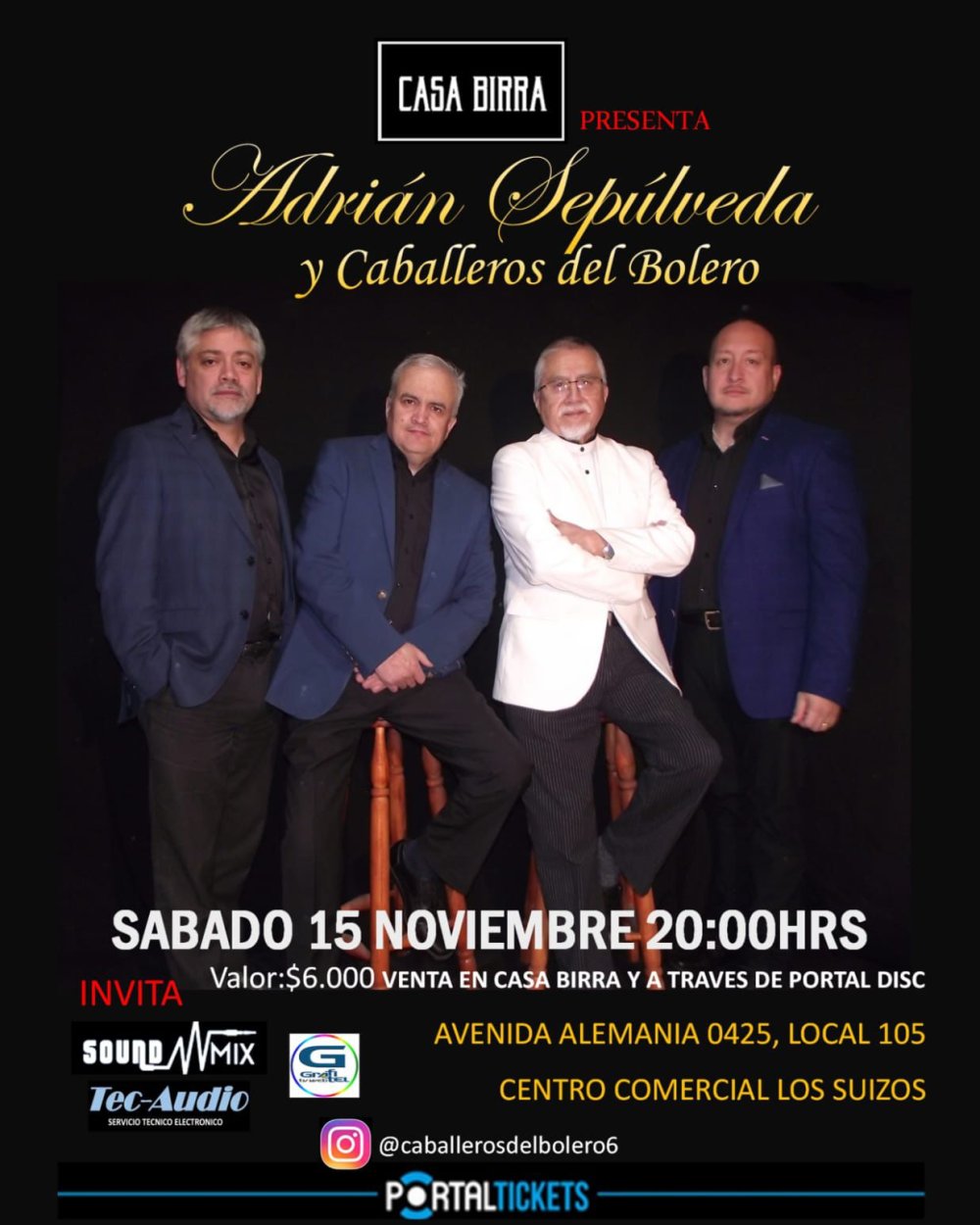 Flyer Evento ADRIÁN SEPÚLVEDA + LOS CABALLEROS DEL BOLERO EN CASA BIRRA, TEMUCO