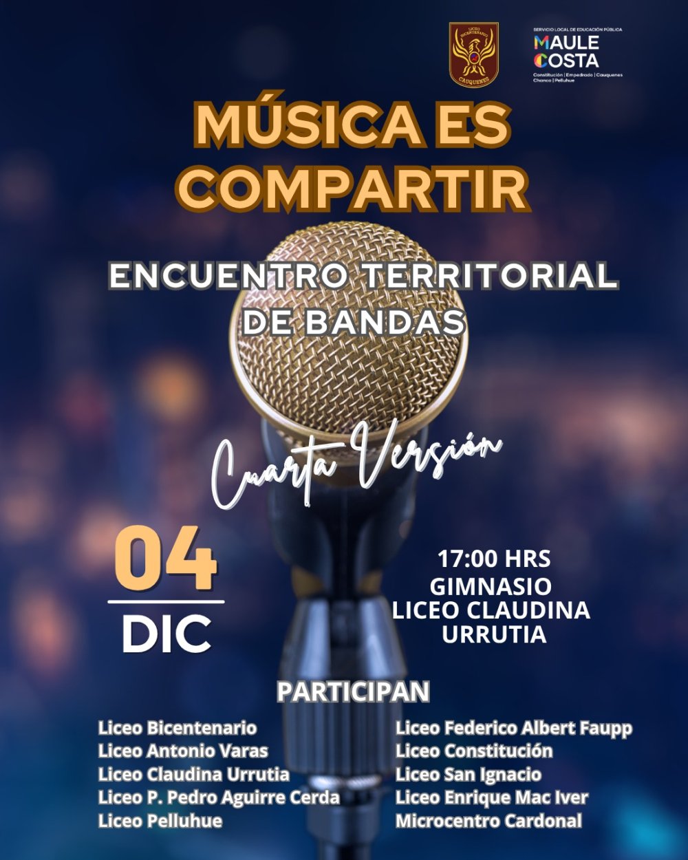 Flyer Evento MÚSICA ES COMPARTIR EN LICEO CLAUDINA URRUTIA DE LAVÍN, CAUQUENES