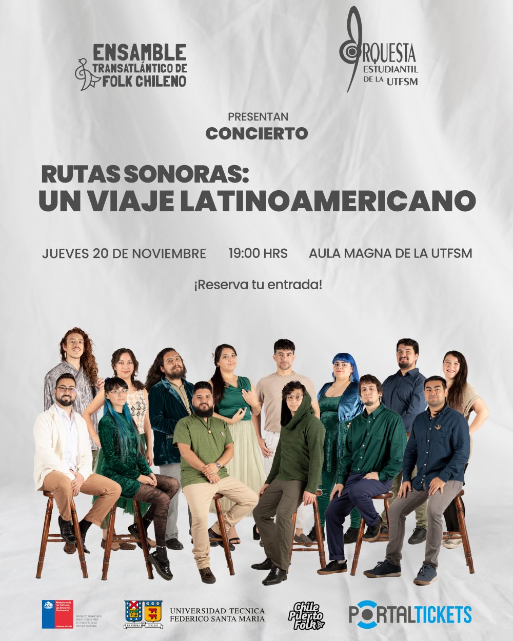 Flyer RUTAS SONORAS: UN VIAJE LATINOAMERICANO EN TEATRO AULA MAGNA DE LA U. SANTA MARÍA, VALPARAÍSO