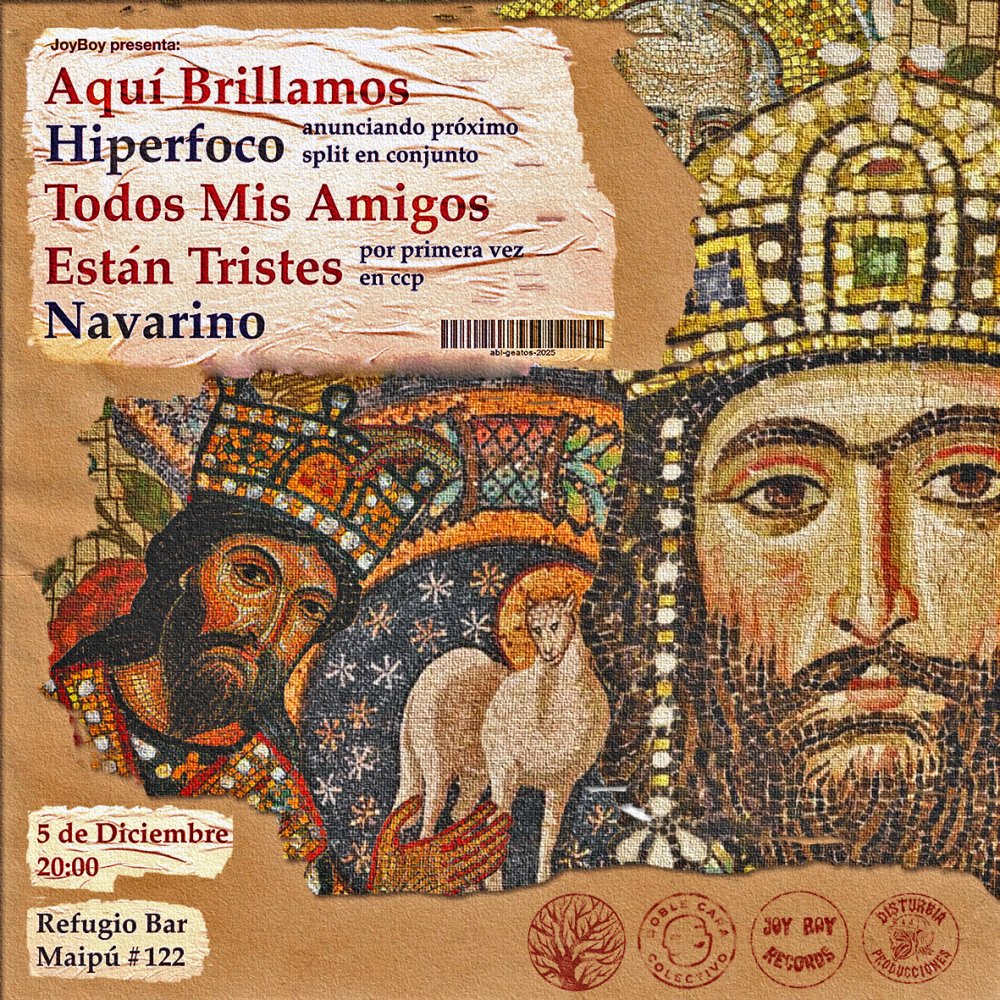 Flyer AQUÍ BRILLAMOS + HIPERFOCO + TMAET + NAVARINO EN REFUGIO BAR, CONCEPCIÓN