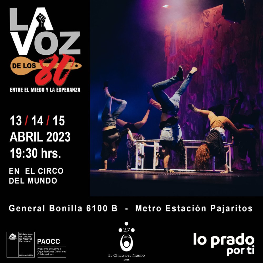 Flyer Evento LA VOZ DE LOS 80'S: ENTRE EL MIEDO Y LA ESPERANZA EN EL CIRCO DEL MUNDO