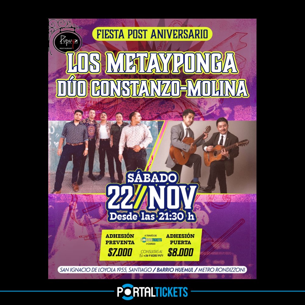 Flyer LOS META Y PONGA + DÚO CONSTANZO MOLINA EN PUPUYA RESTAURANT
