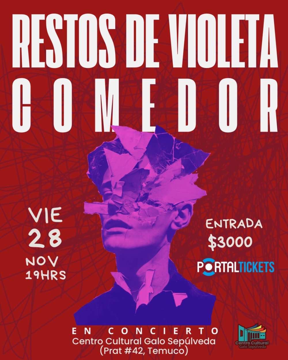 Flyer RESTOS DE VIOLETA + COMEDOR EN GALO SEPÚLVEDA, TEMUCO
