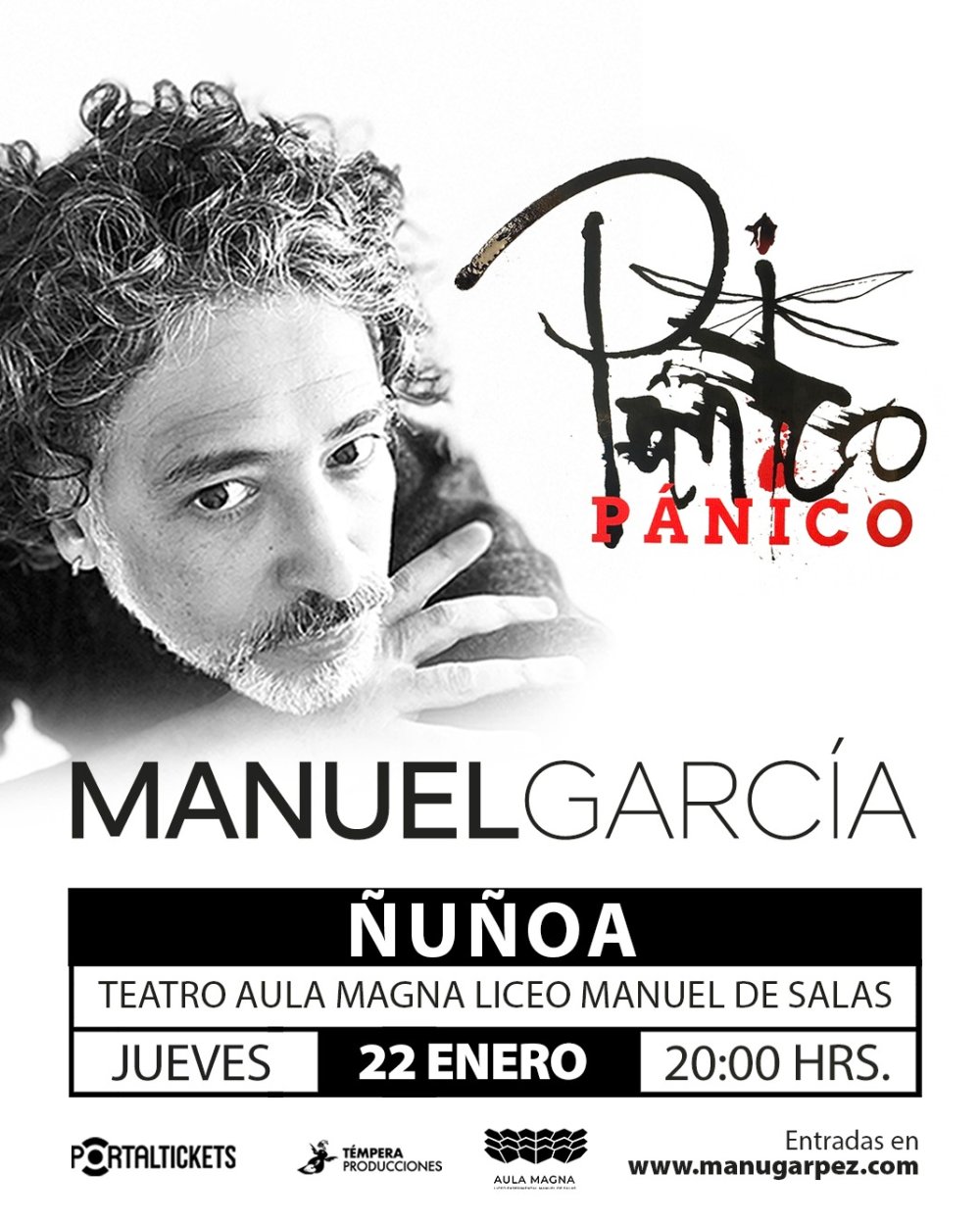Flyer MANUEL GARCÍA: PÁNICO EN ÑUÑOA - AULA MAGNA MANUEL DE SALAS