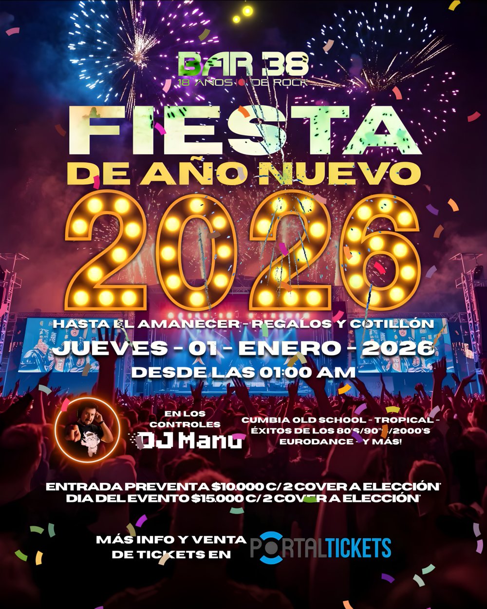Flyer FIESTA AÑO NUEVO 2026 EN BAR 38