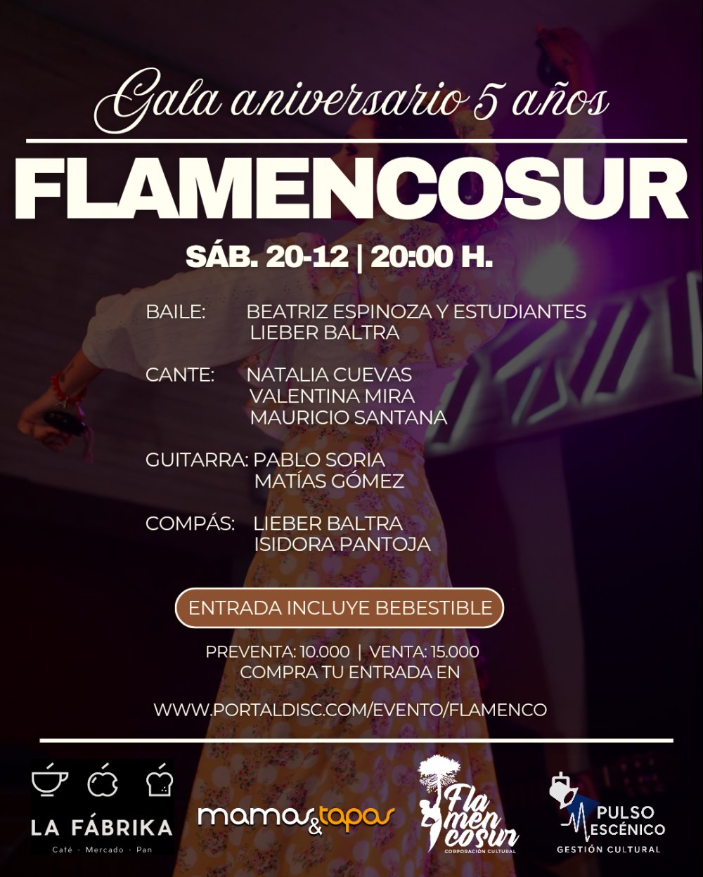 Flyer FLAMENCOSUR ANIVERSARIO N°5 EN MAMAS & TAPAS, PUCÓN