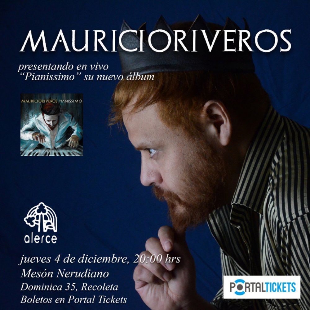 Flyer Evento LANZAMIENTO DISCO MAURICIO RIVEROS PIANNISSIMO. MESON NERUDIANO