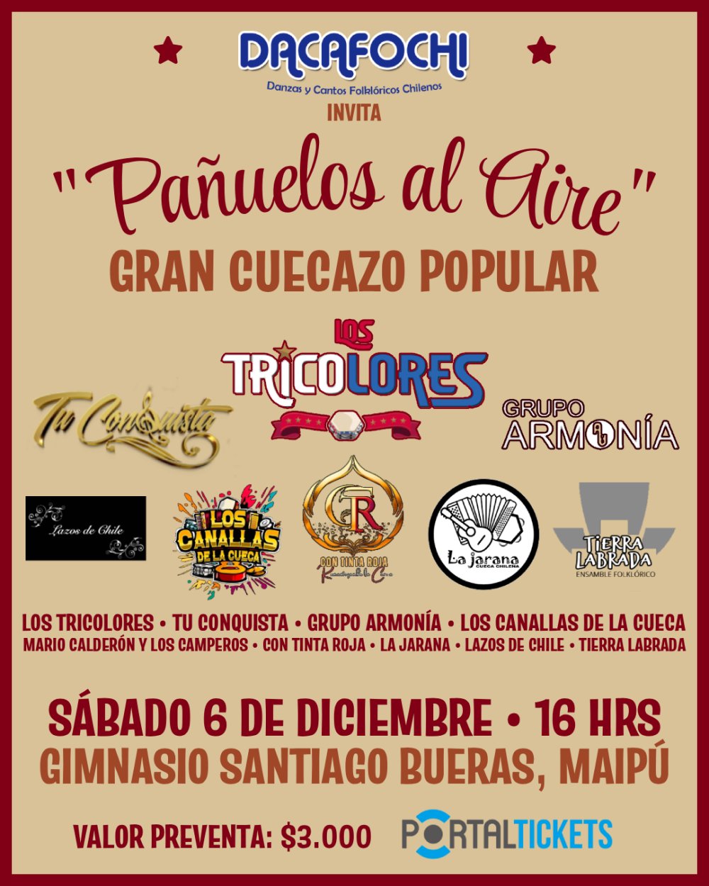 Flyer PAÑUELOS AL AIRE, GRAN CUECAZO POPULAR EN GIMNASIO SANTIAGO BUERAS DE MAIPÚ