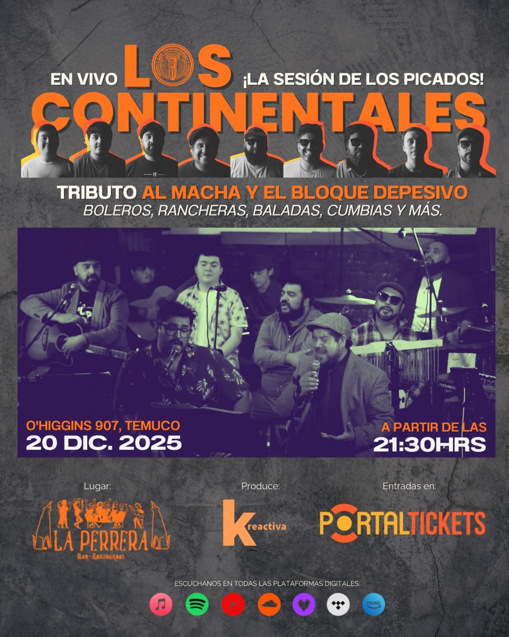 Flyer LOS CONTINENTALES: TRIBUTO A MACHA Y EL BLOQUE DEPRESIVO EN LA PERRERA, TEMUCO