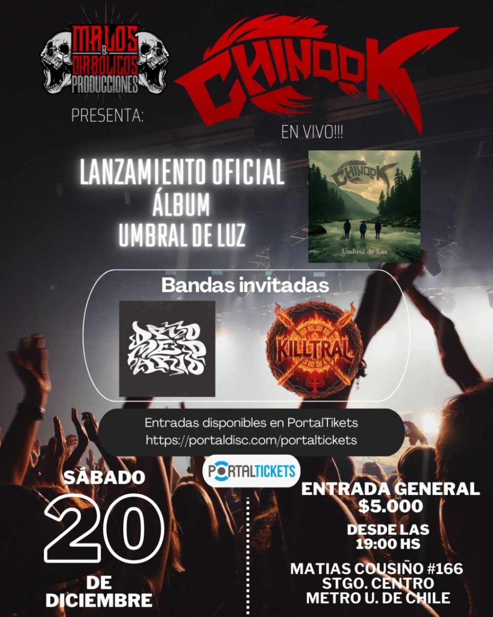 Flyer CHINOOK BANDA EN MALOS Y DIABOLICOS