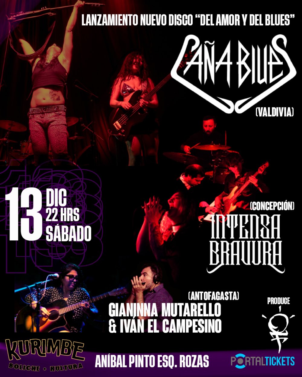 Flyer NOCHE DE BLUES & ROCK: CAÑA BLUES + INTENSA BRAVURA + CAMPESINO & MUTARELLO EN KURIMBE, CONCEPCIÓN