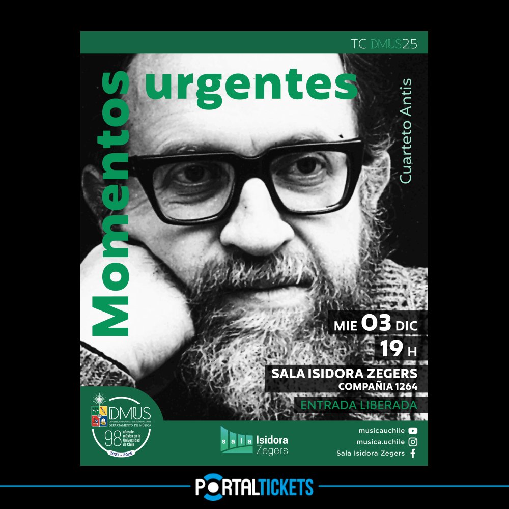 Flyer Evento CUARTETO ANTIS: MOMENTOS URGENTES EN SALA ISIDORA ZEGERS