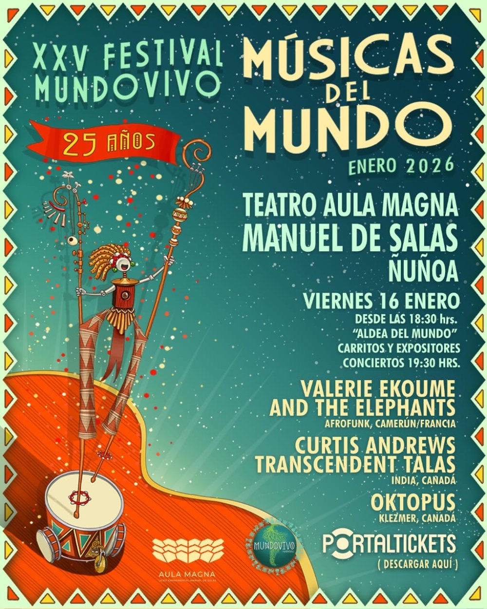 Flyer XXV FESTIVAL MUNDOVIVO DE MÚSICAS DEL MUNDO SIDESHOWS EN LICEO MANUEL DE SALAS
