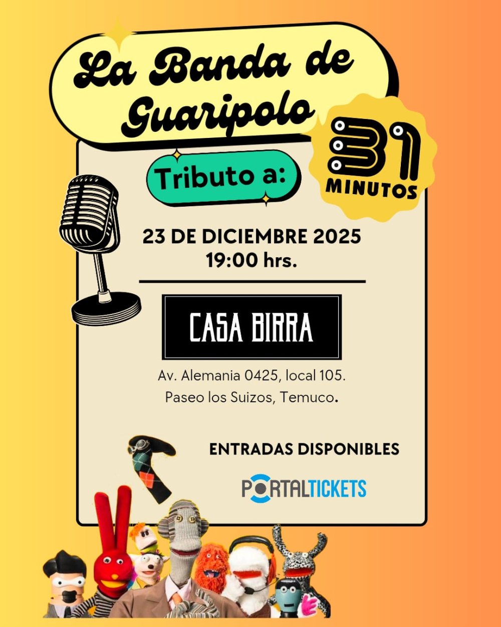 Flyer TRIBUTO A 31 MINUTOS: LA BANDA DE GUARIPOLO EN CASA BIRRA, TEMUCO