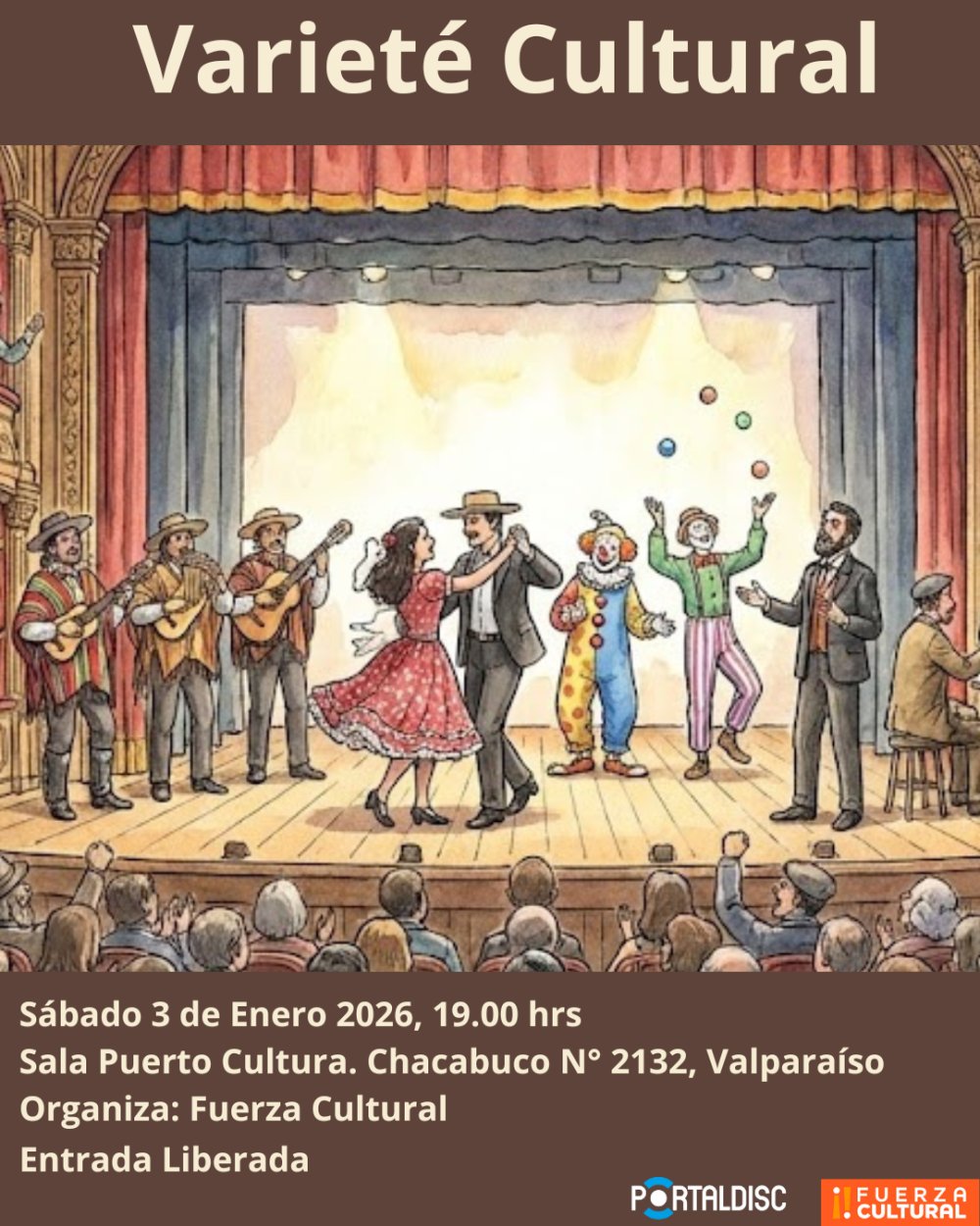 Flyer VARIETÉ CULTURAL EN SALA PUERTO CULTURA, VALPARAÍSO