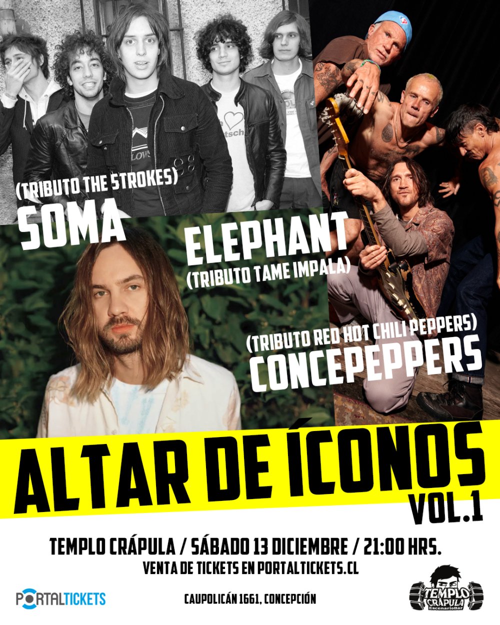 Flyer ALTAR DE ÍCONOS: CICLO BANDAS TRIBUTO EN TEMPLO CRÁPULA VOL1. CONCEPCIÓN