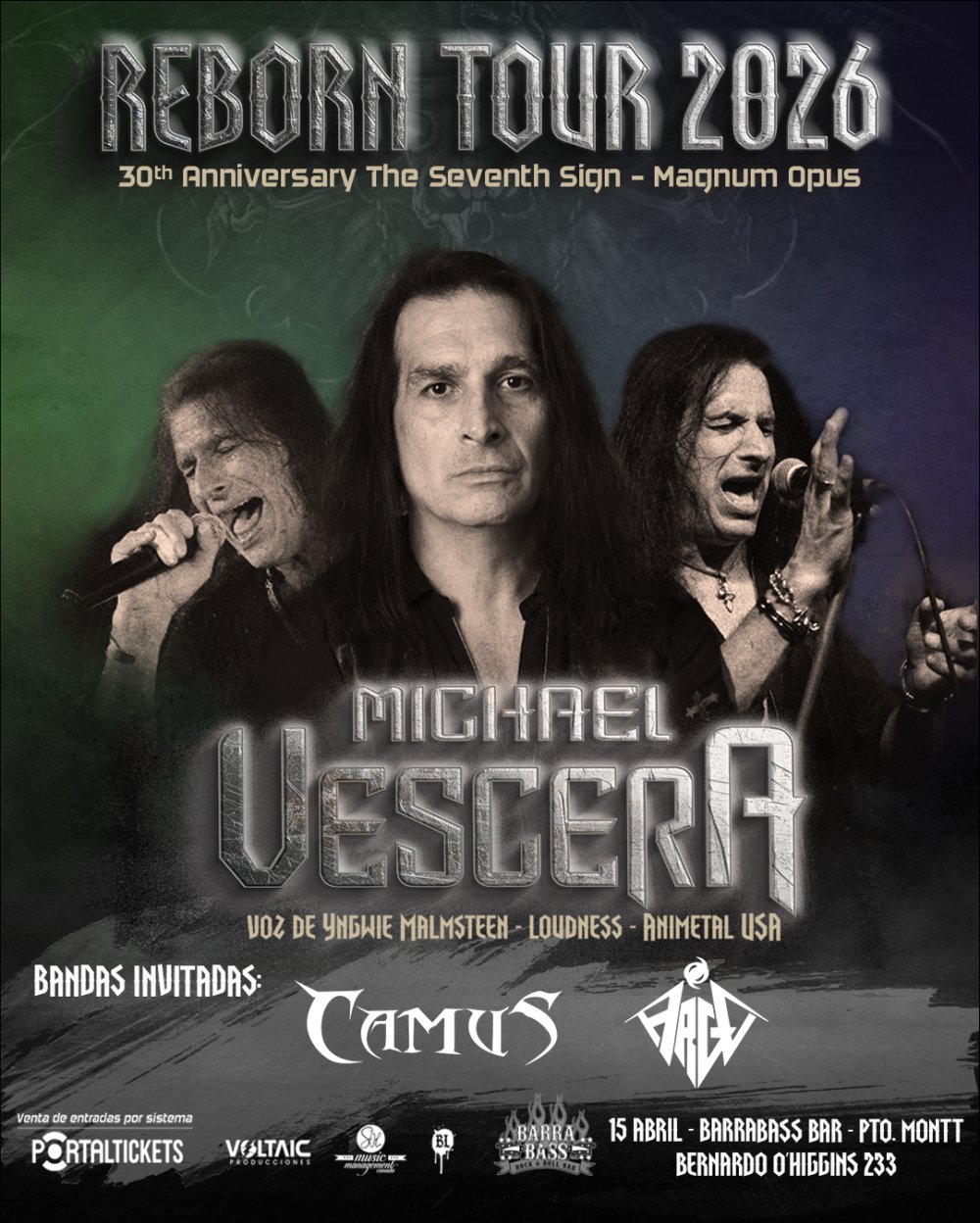 Flyer MICHAEL VESCERA REBORN TOUR - CHILE/PUERTO MONTT EN BARRABASS BAR