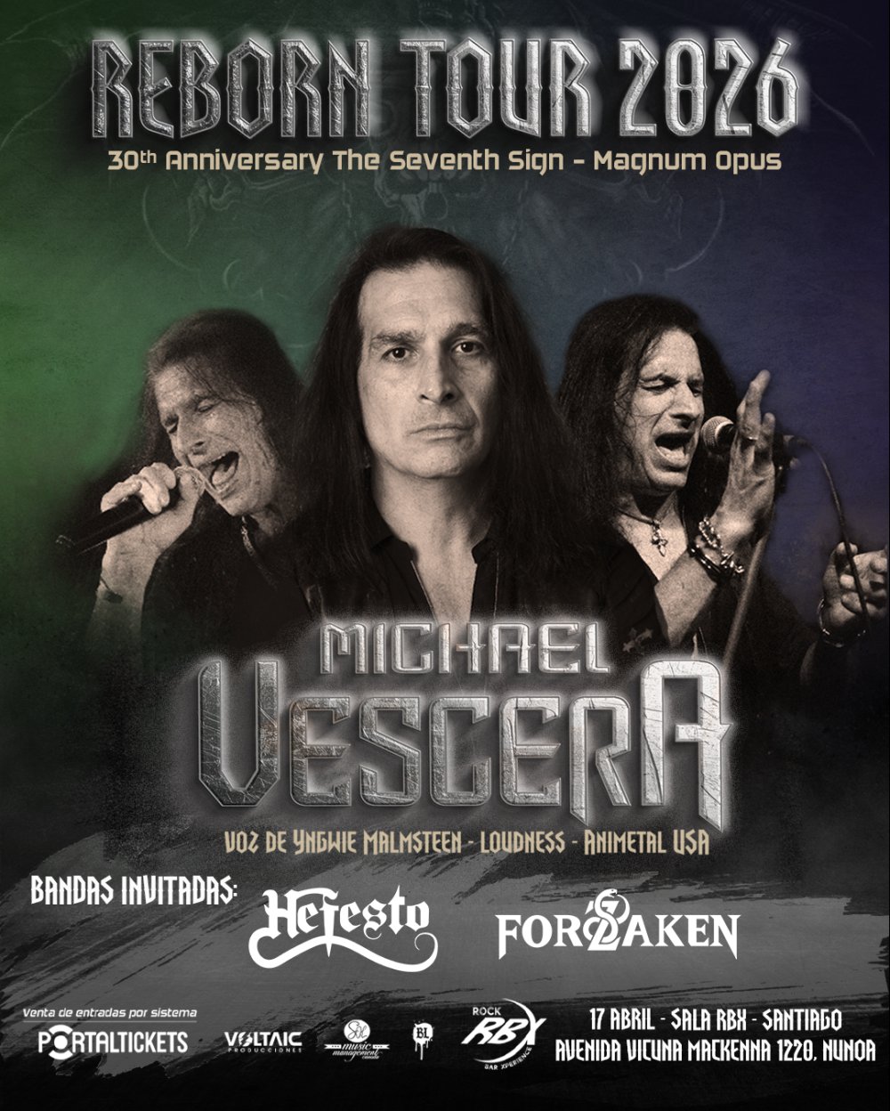 Flyer MICHAEL VESCERA REBORN TOUR - CHILE/SANTIAGO EN SALA RBX - ROCK BAR EXPERIENCE
